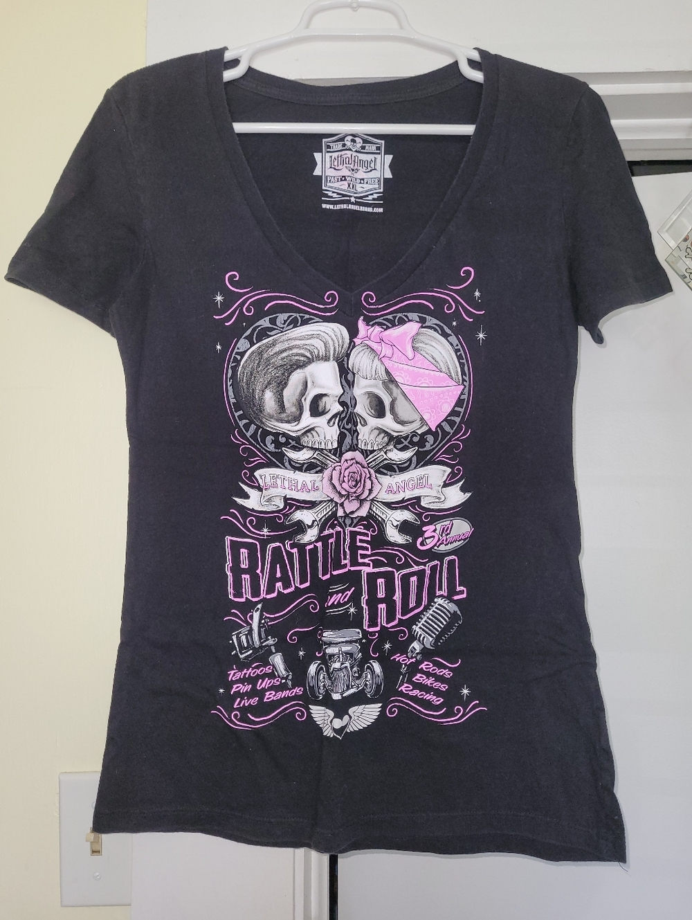 Lethal AngelRattle and Roll Graphic V-Neck Tee - Black with Pink Accents